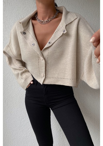 Çıt Çıt Detay Crop Hırka Bej