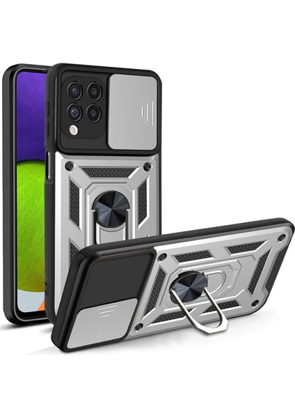 Samsung Galaxy M12 Kılıf Lens Sürgülü Yüzüklü Tank Kılıf Pars