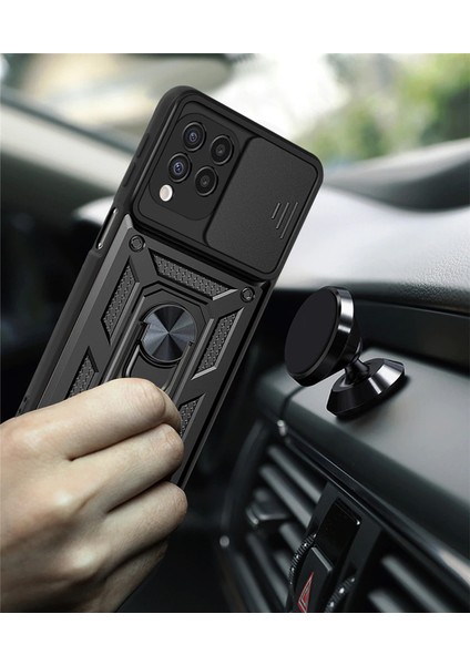 Samsung Galaxy M12 Kılıf Lens Sürgülü Yüzüklü Tank Kılıf Pars modelleri