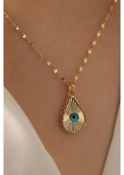 14 Ayar Altın Işıltılı Damla Göz Aynalı Zincir Kolye