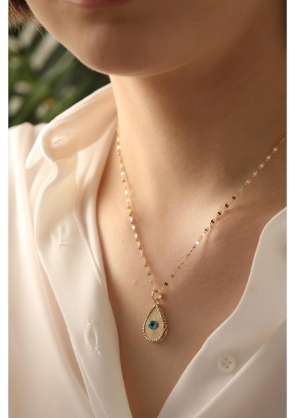 14 Ayar Altın Işıltılı Damla Göz Aynalı Zincir Kolye modelleri