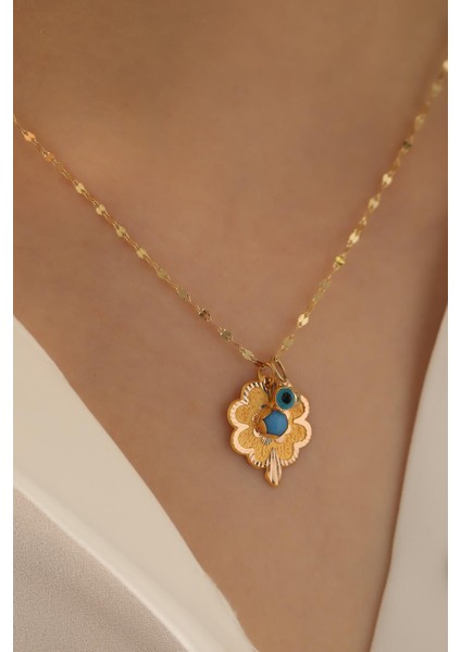 14 Ayar Altın Baskı Yonca Göz Aynalı Zincir Kolye