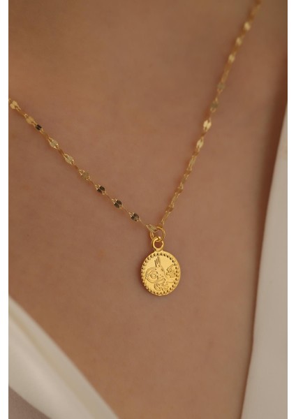 14 Ayar Altın Tuğra Aynalı Zincir Kolye