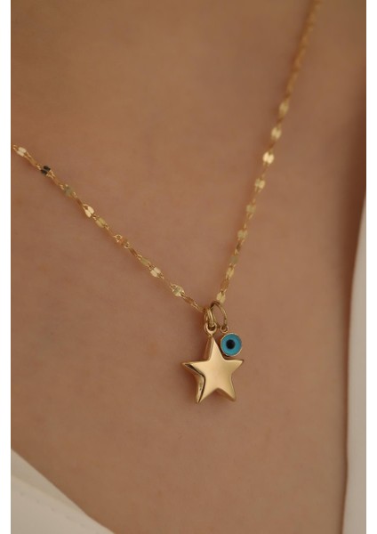 14 Ayar Altın Yıldız Göz Aynalı Zincir Kolye