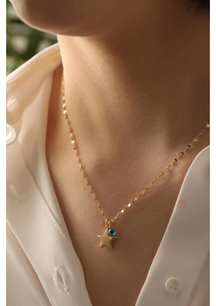 14 Ayar Altın Yıldız Göz Aynalı Zincir Kolye modelleri