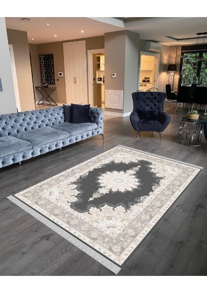 Decoser 2003 Klasik Desen Gri Kaymaz Pamuk Tabanlı Yıkanabilir Halı Kilim