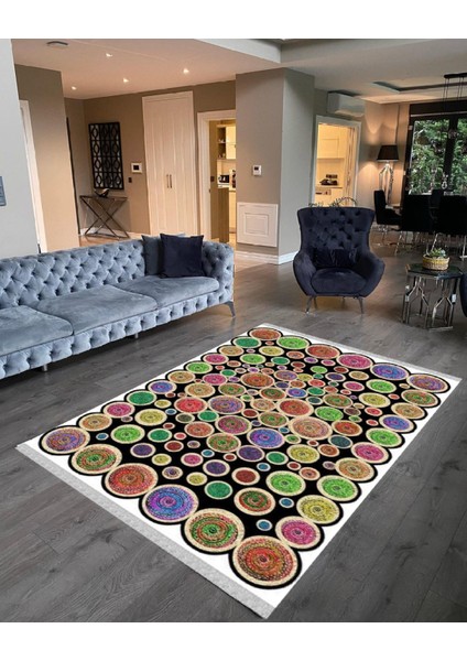 Decoser 2028 Jüt Desenli Renkli Pamuk Tabanlı Kaymaz Yıkanabilir Halı Kilim