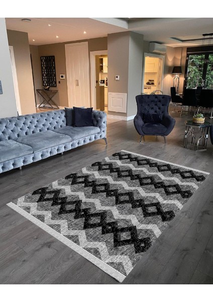 Decoser 2049 Siyah Gri Renk Pamuk Tabanlı Kaymaz Yıkanabilir Halı Kilim