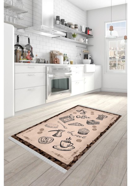 Decoser 2092 Coffe Yazılı Kaymaz Pamuk Tabanlı Yıkanabilir Mutfak Halısı