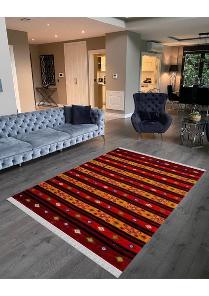 Nar Store Home Decoser 2056 Otantik Kırmızı Renk Pamuk Tabanlı Kaymaz Yıkanabilir Halı Kilim