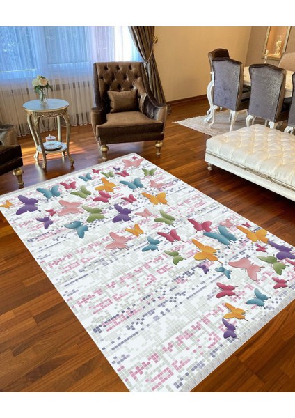 Decoser 3038 Renkli Kelebek Desen Yıkanabilir Pamuk Taban Kilim