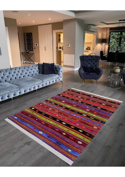 Decoser 2058 Otantik Renkli Pamuk Tabanlı Kaymaz Yıkanabilir Halı Kilim