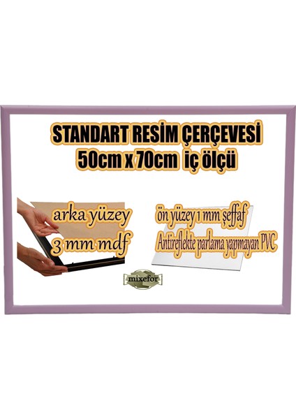 MİXEFOR Boş Çerçeve - 50CM x 70CM Iç Ölçü-Renk LİLA Arka Yüzey 3 mm Mdf- Ön yüzey Kırılmaz parlama yapmayan Antireflektif