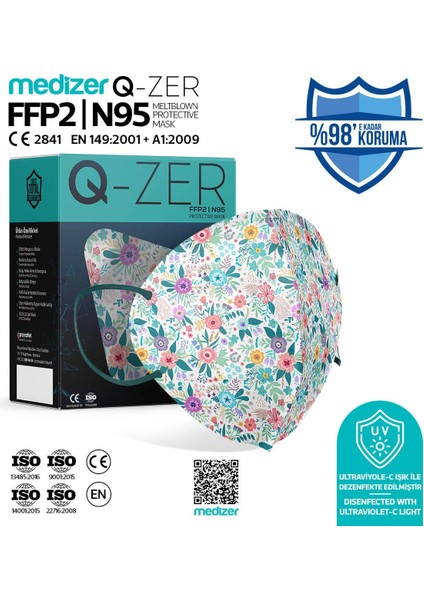 Q-zer Bahar Çiçekleri Desenli Ffp2 N95 Maske Meltblown Katmanlı