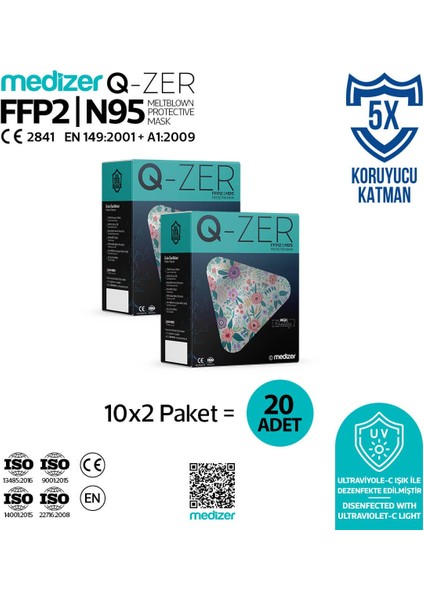 Q-zer Bahar Çiçekleri Desenli Ffp2 N95 Maske Meltblown Katmanlı