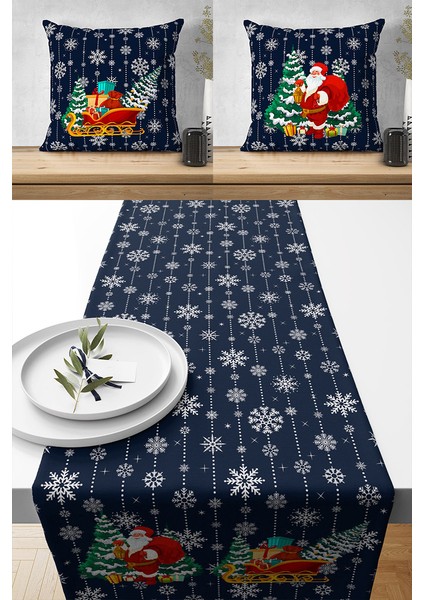 Runner Mery Christmas Yılbaşı Tasarımlı Hediyelik,2 Kırlent Kılıfı ve 1 Runner Set