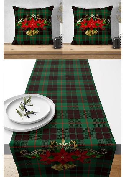 Runner Mery Christmas Yılbaşı Tasarımlı Hediyelik,2 Kırlent Kılıfı ve 1 Runner Set