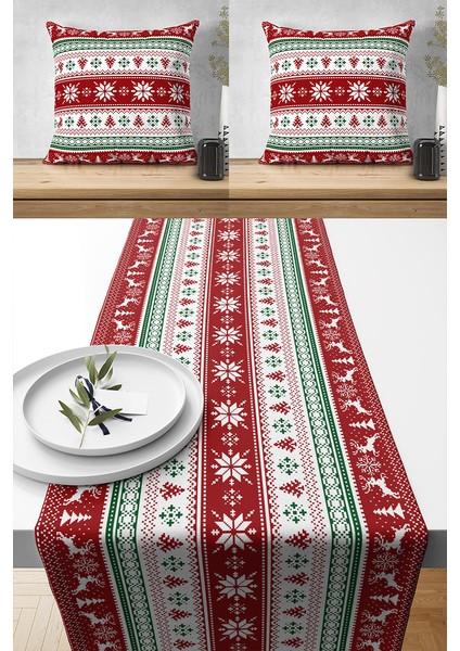 Runner Mery Christmas Yılbaşı Tasarımlı Hediyelik,2 Kırlent Kılıfı ve 1 Runner Set