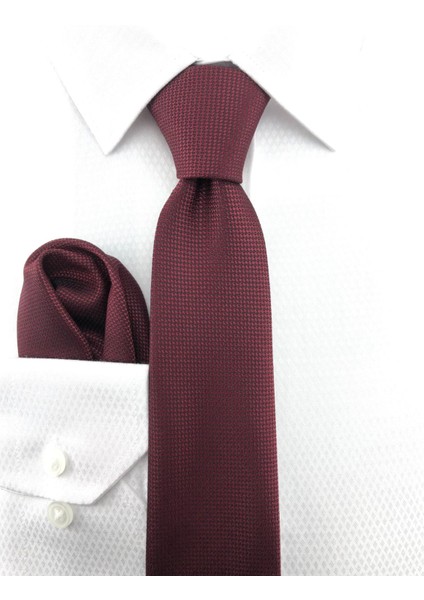 Bordo Oxford Desen Mendilli Kravat