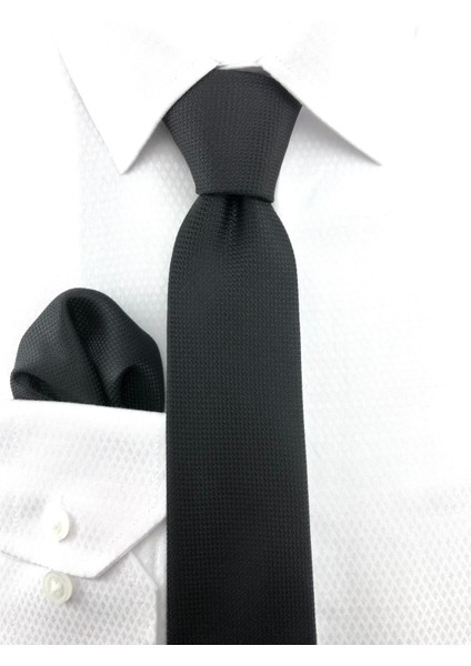 Siyah Oxford Desen Mendilli Kravat