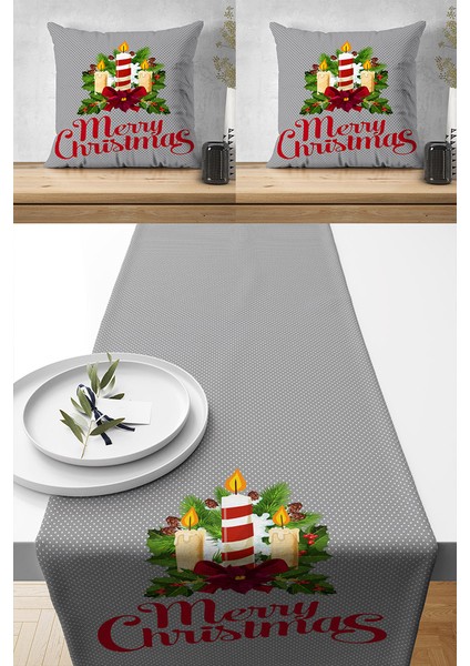 Runner Mery Christmas Yılbaşı Tasarımlı Hediyelik,2 Kırlent Kılıfı ve 1 Runner Set