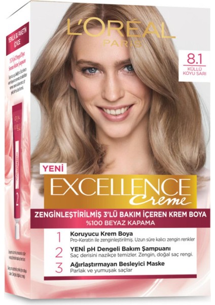 Loreal Paris L'oreal Paris L'oreal Excellence Creme Saç Boyası 8.1 Koyu Sarı Küllü Saç Boyası