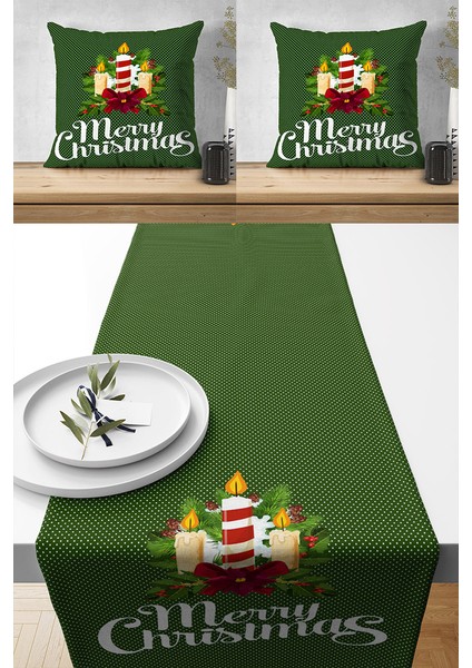 Runner Mery Christmas Yılbaşı Tasarımlı Hediyelik,2 Kırlent Kılıfı ve 1 Runner Set