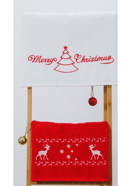 Vevien Home Happy Christmas Yılbaşı Nakışlı %100 Pamuk 50X90 2'li Havlu Seti