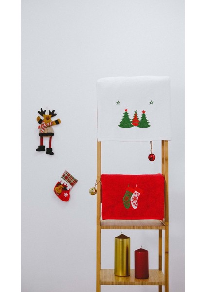 Vevien Home Happy Christmas Yılbaşı Nakışlı %100 Pamuk 50X90 2'li Havlu Seti