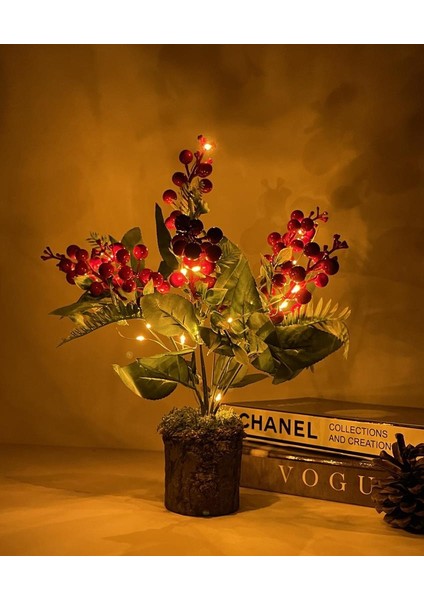 Yapay Çiçek Yılbaşı Çiçeği Kırmızı Kokina Doğal Kütük Odun Saksıda LED Işıklı 3 Fonksiyonlu