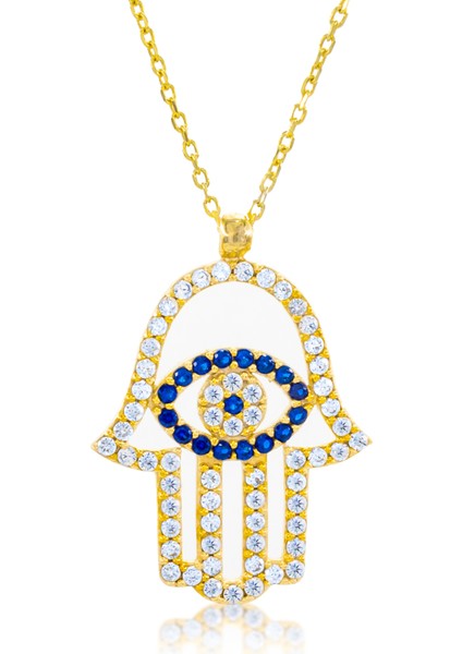 925 Ayar Gerçek Gümüş Fatma Ana Eli Nazar Zirkon Taşlı Kolye