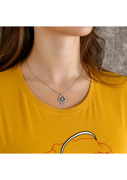 925 Ayar Gerçek Gümüş Fatma Ana Eli Nazar Zirkon Taşlı Kolye fırsatları