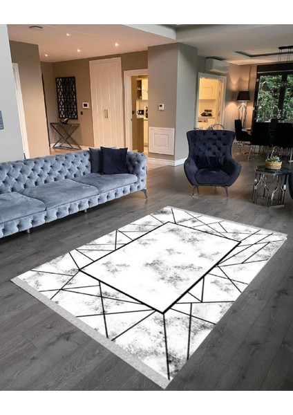 Decoser 2020 Mermer Geometrik Desen Siyah Kaymaz Pamuk Tabanlı Yıkanabilir Halı Kilim