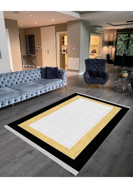 Decoser 2030 Siyah Sarı Pamuk Tabanlı Kaymaz Yıkanabilir Halı Kilim