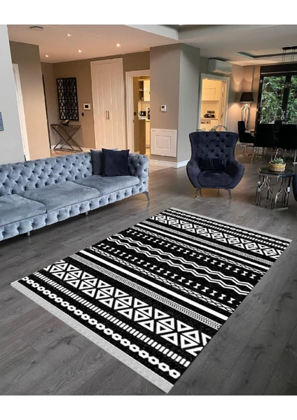 Nar Store Home Decoser 2039 Siyah Beyaz Iskandinav Desen Pamuk Tabanlı Kaymaz Yıkanabilir Halı Kilim