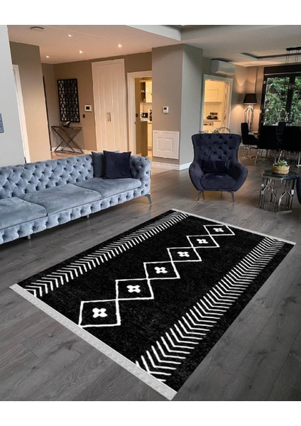 Decoser 2040 Siyah Beyaz Iskandinav Desen Pamuk Tabanlı Kaymaz Yıkanabilir Halı Kilim