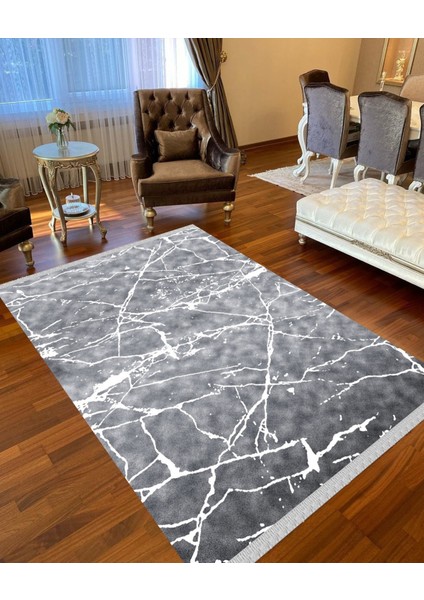 Decoser 3027 Gri Beyaz Mermer Desen Yıkanabilir Pamuk Taban Kilim