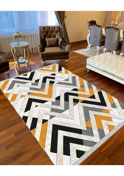 Decoser 3033 Gri Sarı Zig Zag Desen Yıkanabilir Pamuk Taban Kilim