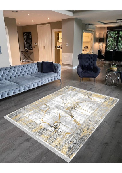 Decoser 6022 Gri Sarı Mermer Desen Kaymaz Yıkanabilir Kilim