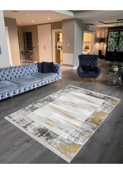 Decoser 6028 Gri Sarı Düz Desen Kaymaz Yıkanabilir Kilim