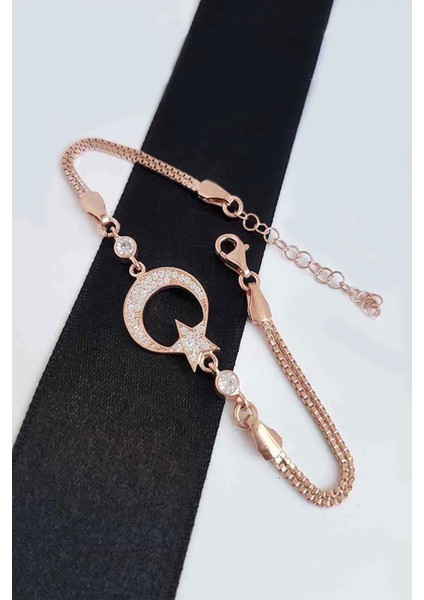Ay Yıldız Bayan Gümüş Bileklik Zirkon Taşlı Rose