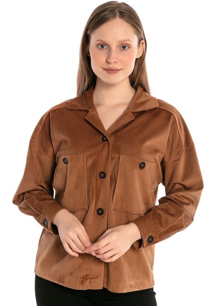 Göğüsten Çift Cepli Robalı Fitilli Kadife Kısa Camel Kadın Gömlek
