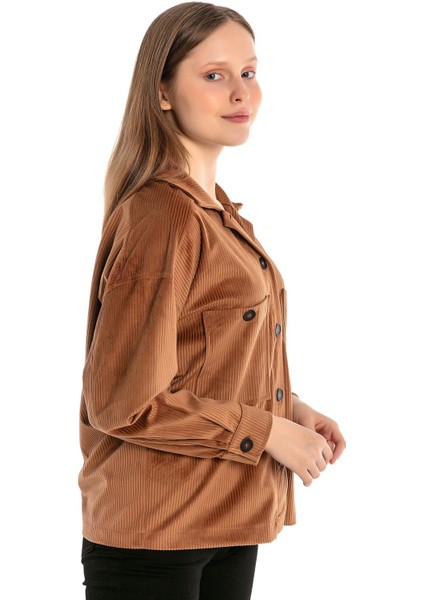 Göğüsten Çift Cepli Robalı Fitilli Kadife Kısa Camel Kadın Gömlek fırsatları