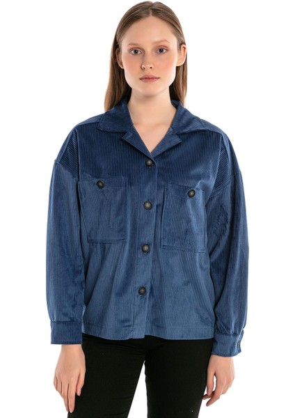 Göğüsten Çift Cepli Robalı Fitilli Kadife Kısa Indigo Kadın Gömlek