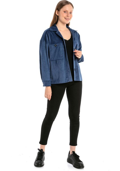 Göğüsten Çift Cepli Robalı Fitilli Kadife Kısa Indigo Kadın Gömlek fiyatları
