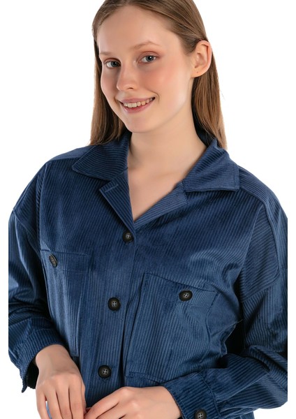 Göğüsten Çift Cepli Robalı Fitilli Kadife Kısa Indigo Kadın Gömlek indirimleri