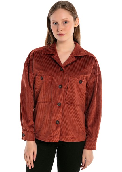 Göğüsten Çift Cepli Robalı Fitilli Kadife Kısa Kiremit Kadın Gömlek