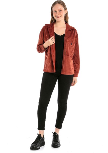 Göğüsten Çift Cepli Robalı Fitilli Kadife Kısa Kiremit Kadın Gömlek fiyatları