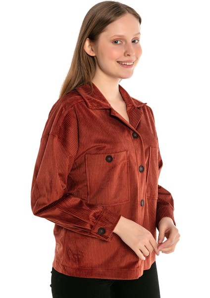 Göğüsten Çift Cepli Robalı Fitilli Kadife Kısa Kiremit Kadın Gömlek fırsatları