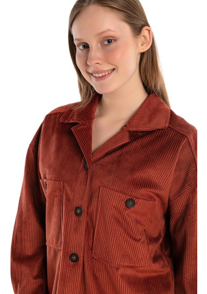 Göğüsten Çift Cepli Robalı Fitilli Kadife Kısa Kiremit Kadın Gömlek indirimleri